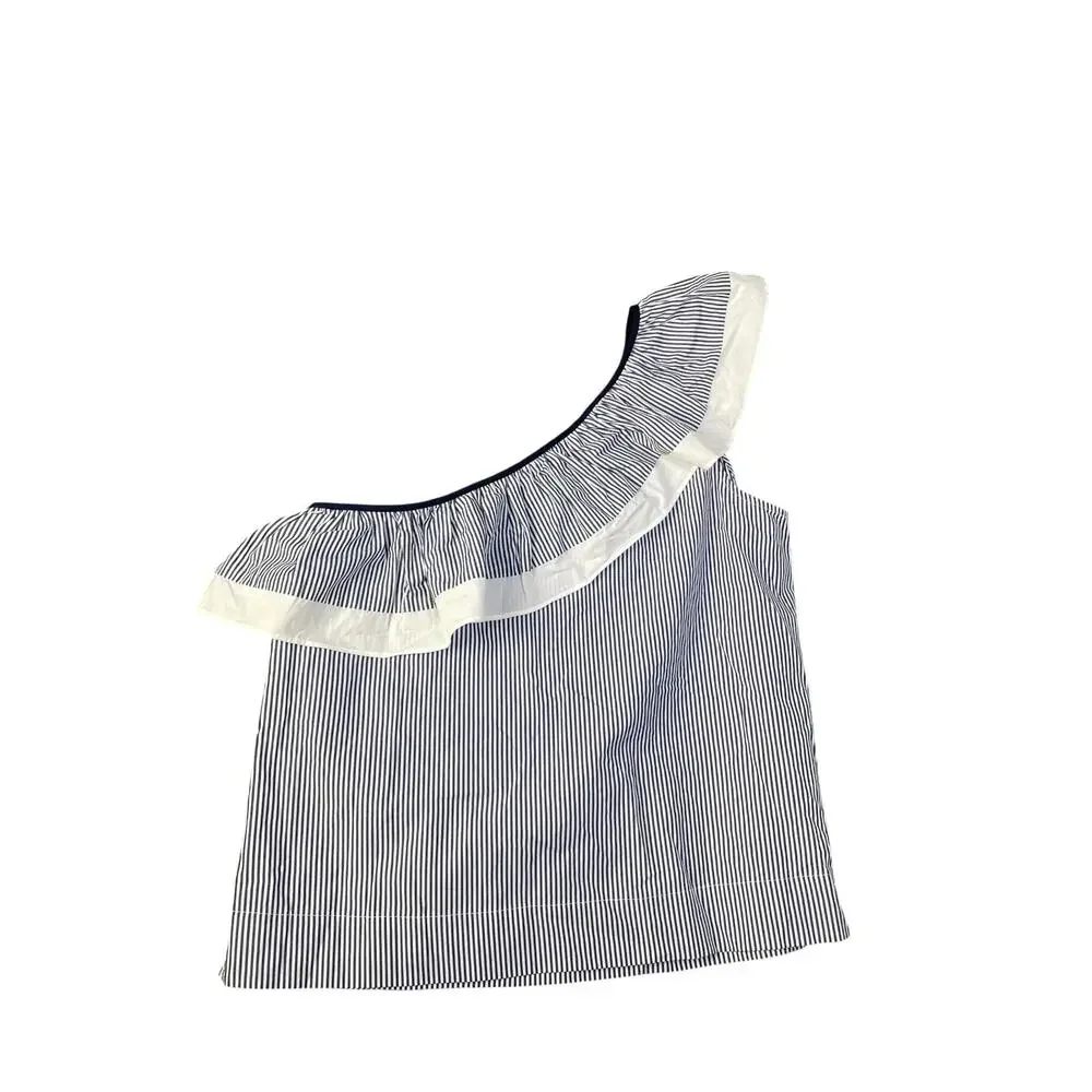 NWT J. Crew Women’s Size 10 Blue/White Striped One Shoulder Ruffle Top